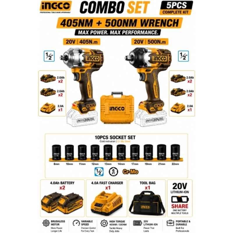 Ingco 1/2 inch 20V 405Nm & 500Nm Cordless Impact Wrench Combo with Brushless Motor