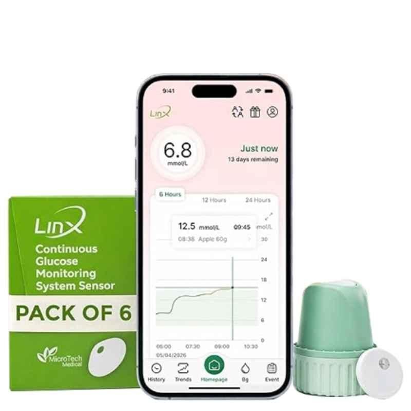 LinX Smart Continous Glucose Monitoring Device with Bluetooth Enabled for Real Time Sugar Tracking, AABOCGMPK6 (Pack of 6)