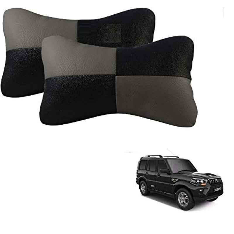 Kozdiko 2 Pcs Leather Grey & Black Neck Rest Car Cushion Pillow Set for Mahindra Scorpio