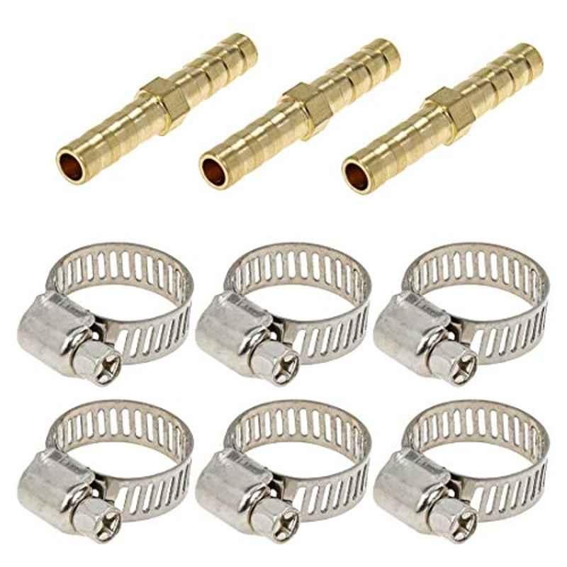 3pcs 6mm Brass Air Water Fuel Hose Connector with Stainless Steel Pipe Clamps Set