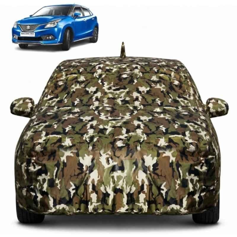 Allextreme Polyester Multicolour Camouflage Car Body Cover with Mirror Pocket for Maruti Baleno All Model & Years 2015-2025 100% Waterproof with Mirror & Antenna Pocket Triple Stitched Dustproof Heat Resistant UV Protection Military/Jungle/Camouflage, PV_VLSV03
