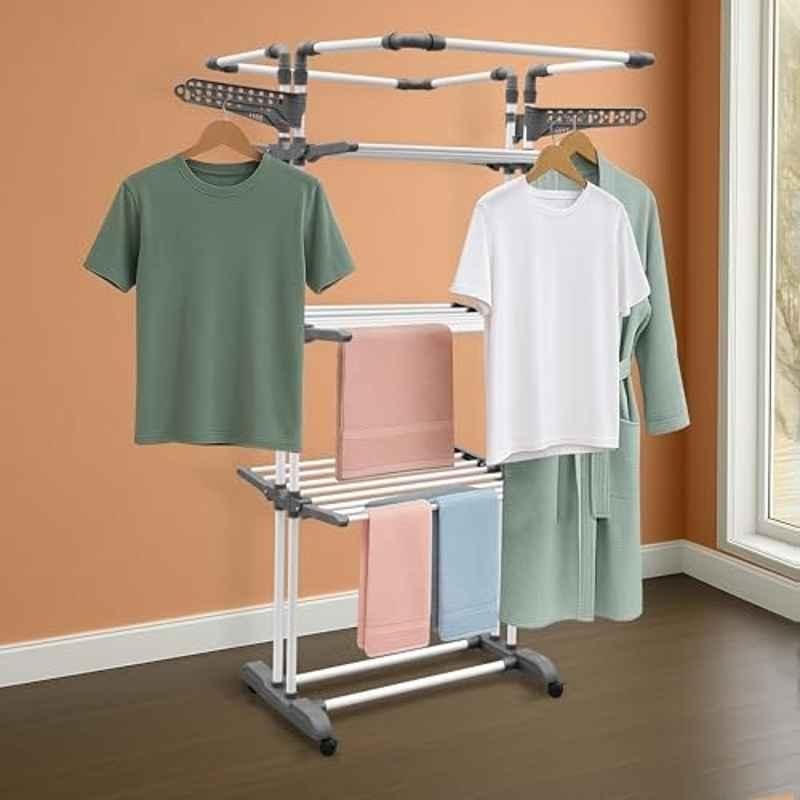 Plantex Clofera Jumbo ABS & Stainless Steel White & Grey Cloth Stand for Drying Clothes with 4 Hangers