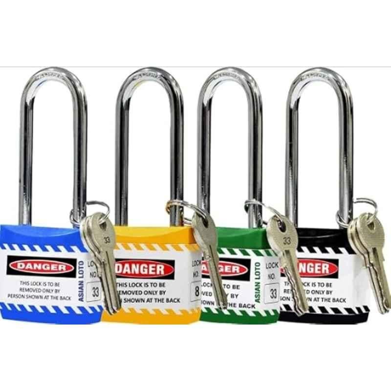 Asian Loto 4 Pcs Metal & Plastic Yellow, Green, Blue & Black Regular Shackle Jacket Padlock Set with 3 Keys, ALC-LPR