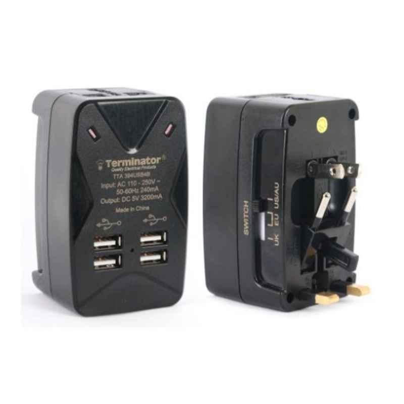Terminator 110-250V 3.2A Black Travel Adaptor, TTA394 USB4B