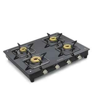 Padmini 4 Burner Stainless Steel Black Manual Ignition Glass Top Gas Stove, 4BR CS-4 GT Elite