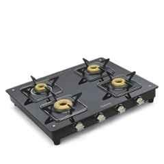 Padmini 4 Burner Stainless Steel Black Manual Ignition Glass Top Gas Stove, 4BR CS-4 GT Elite