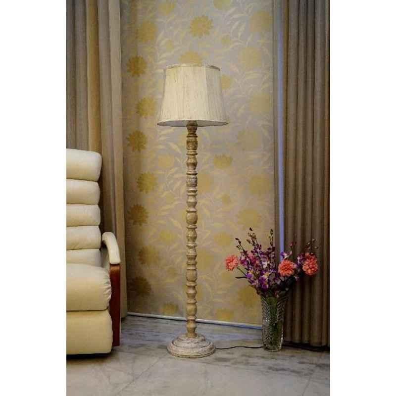 Tucasa Classic White Mango Wood Floor Lamp with Off White Cylindrical Polycotton Shade, WF-79