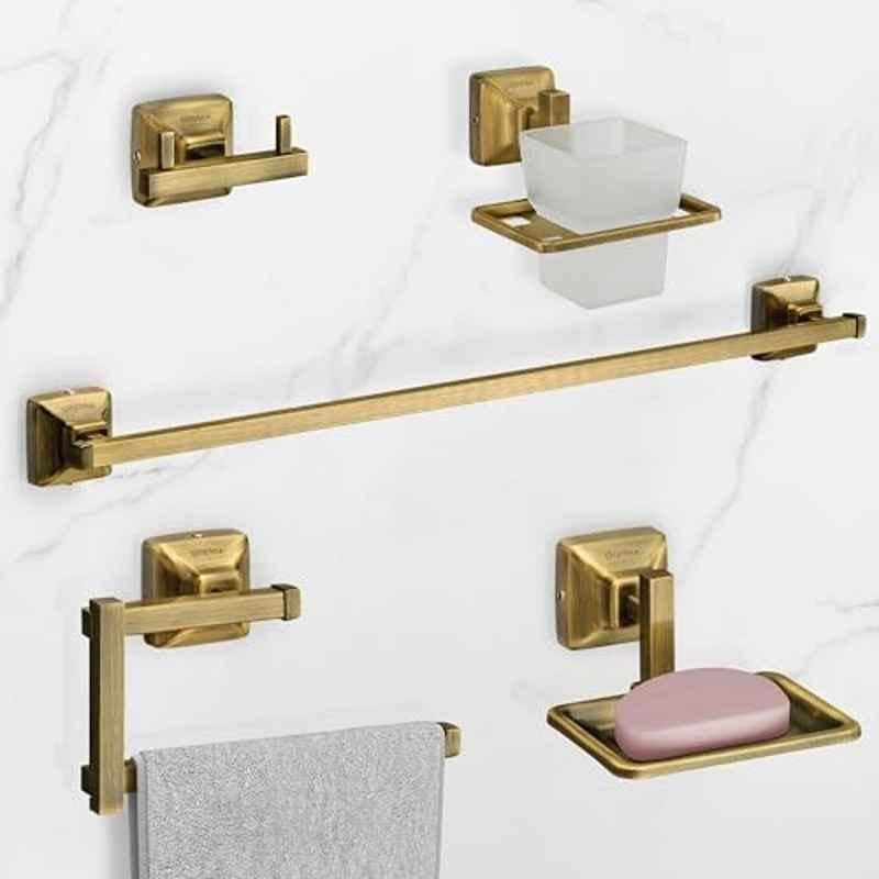 Plantex Squaro 5 Pcs Stainless Steel Gold Antique Brass Finish Bathroom Accessories Set