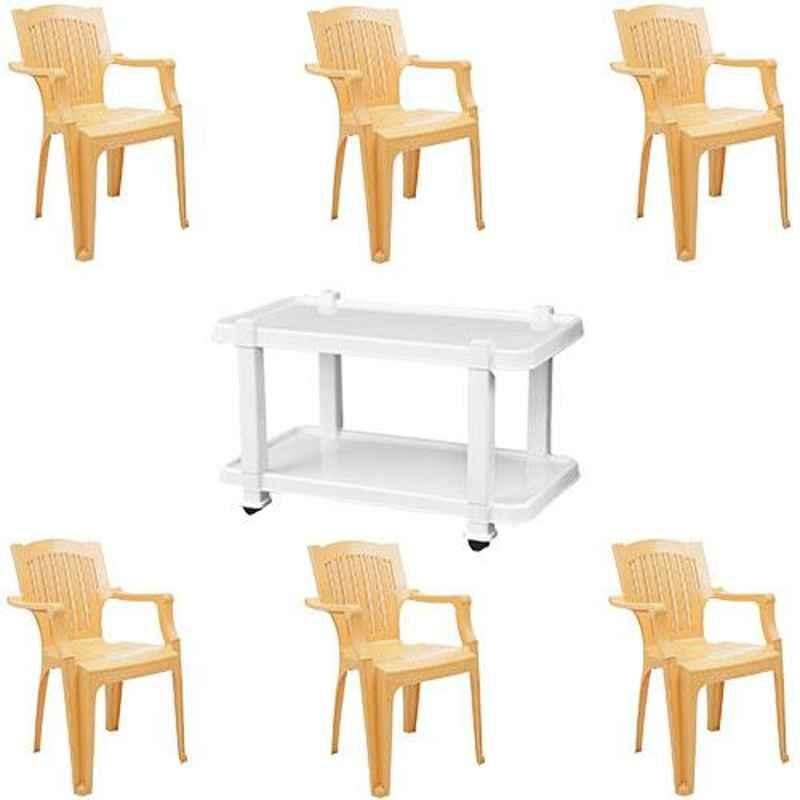Italica 6 Pcs Polypropylene Marble Beige Comfort Arm Chair & White Table with Wheels Set, 9001-6/9509