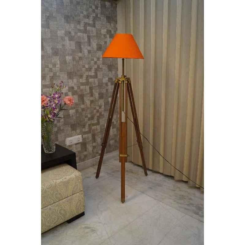 Tucasa Mango Wood Brown Tripod Floor Lamp with Polycotton Orange Shade, P-88