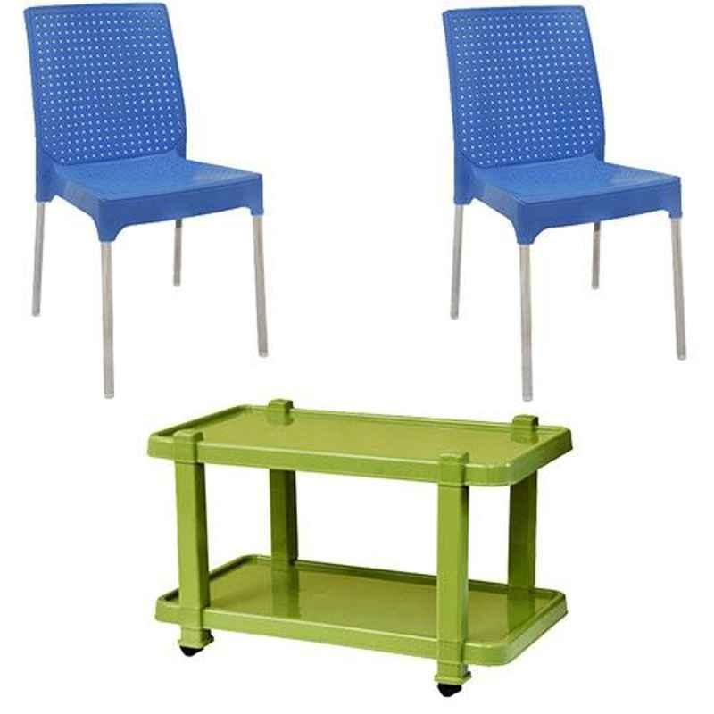 Italica 2 Pcs Polypropylene Light Blue Plasteel without Arm Chair & Green Table with Wheels Set, 1206-2/9509