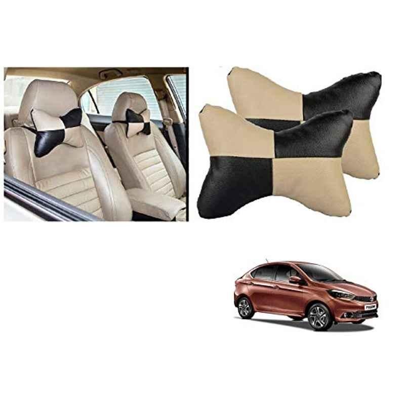 Kozdiko 2 Pcs Black & Beige Car Square Chess Design Neck Rest Seat Pillow Set for Tata Tigor