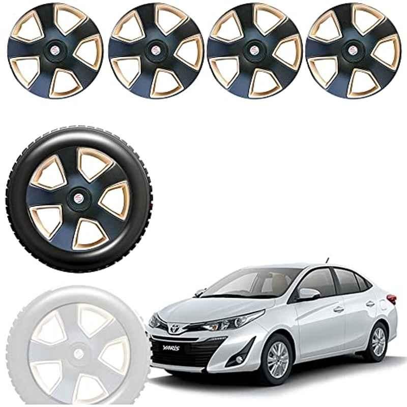 Auto Pearl 4 Pcs 15 inch Black & Golden ABS Press Type Hubcap Wheel Cover Set with Retention Ring for Toyota Yaris