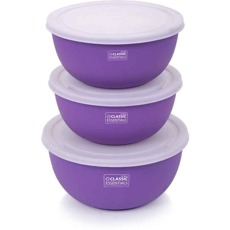 Classic Essentials CE-MSB-3 3 Pcs Stainless Steel White & Purple Microwave Safe Mixing Bowl Set