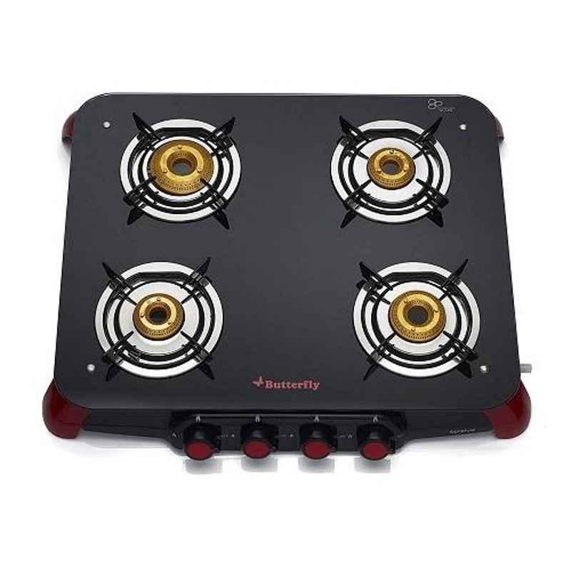 Butterfly Signature Black & Red 4 Burner Manual Glass Cooktop