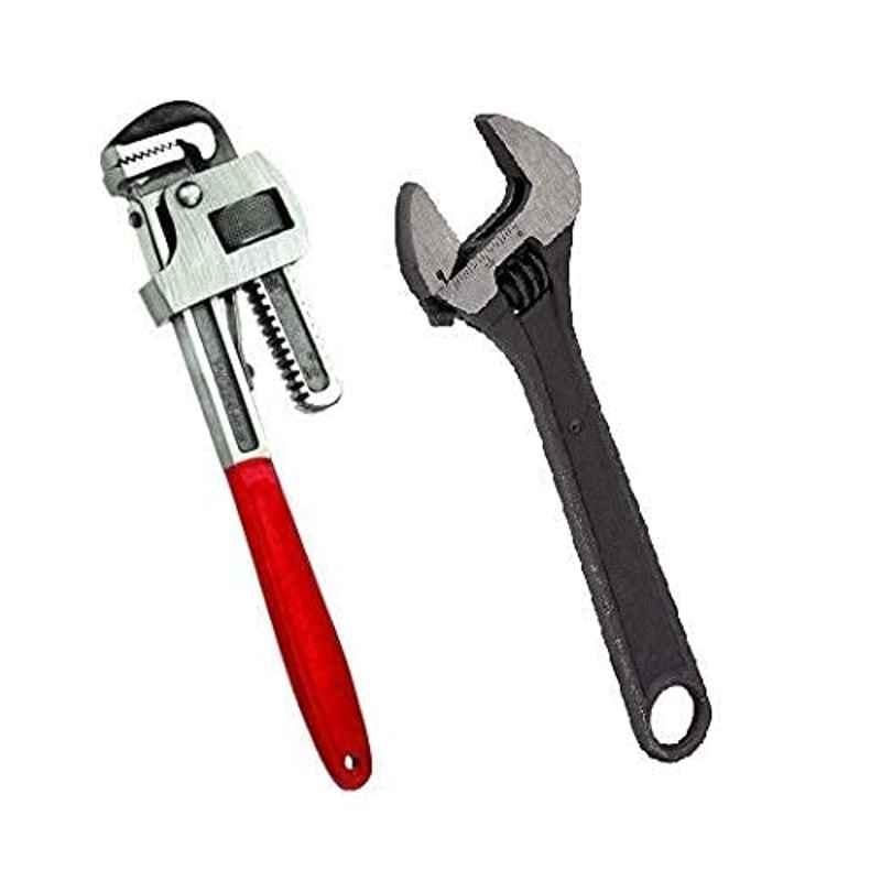 Arineo 2 Pcs Alloy Steel Black, Chrome & Red 14 inch Pipe & 12 inch Adjustable Wrench Combo
