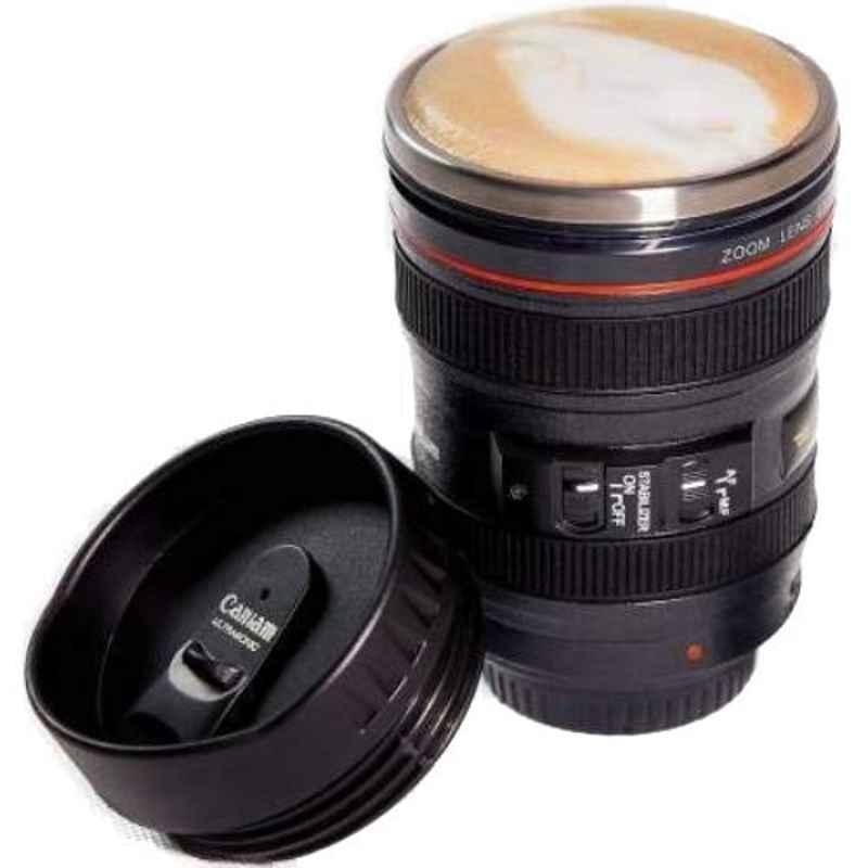 Generic 350ml Black Plastic DSLR Camera Lens Shaped Travel Thermos Cup