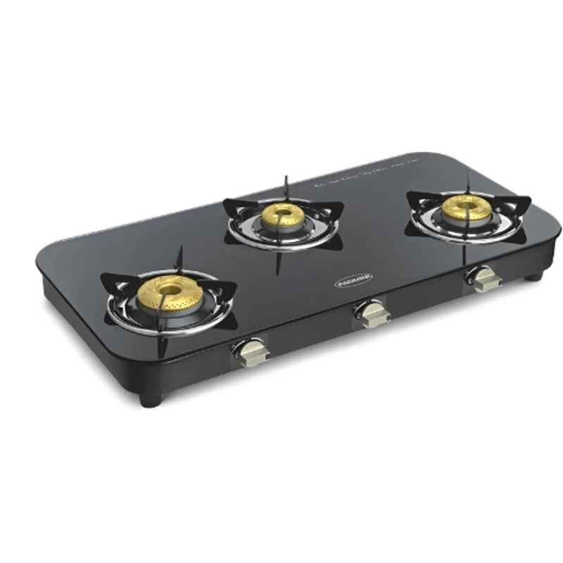 Padmini 3 Burner Stainless Steel Black Manual Ignition Glass Top Gas Stove, 3BR CS-3 GT DX HF