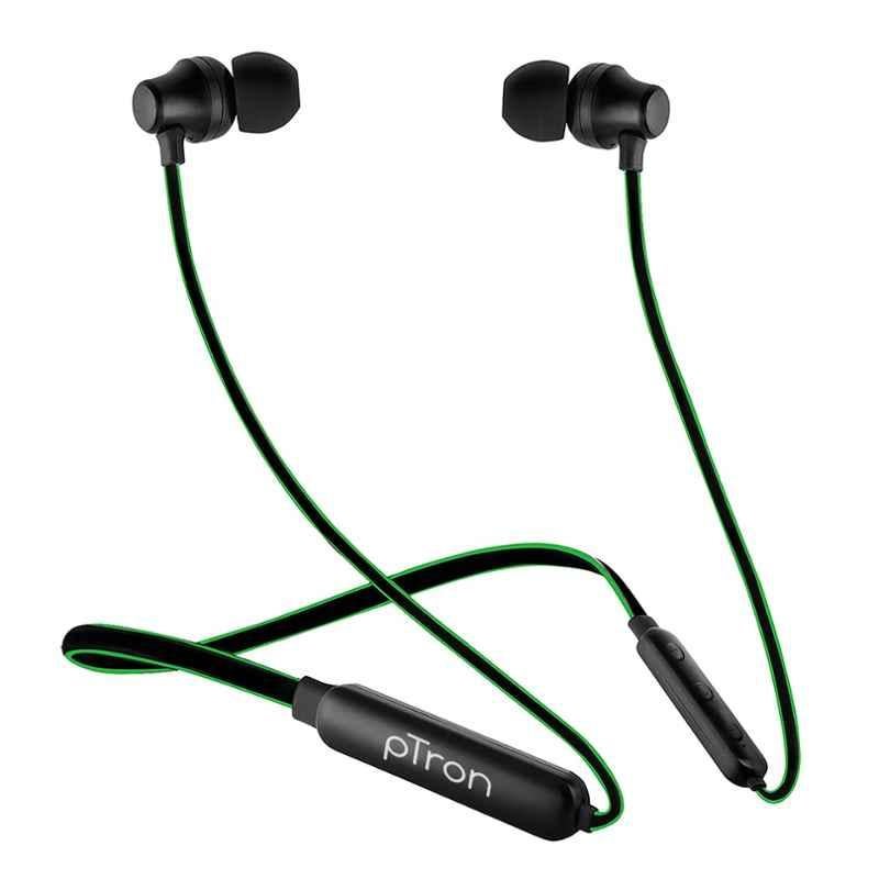 pTron Tangent Lite Black & Green Bluetooth Wireless Neckband with Mic, Hi-Fi Stereo Sound, IPX4 Water Resistant & Fast Charge