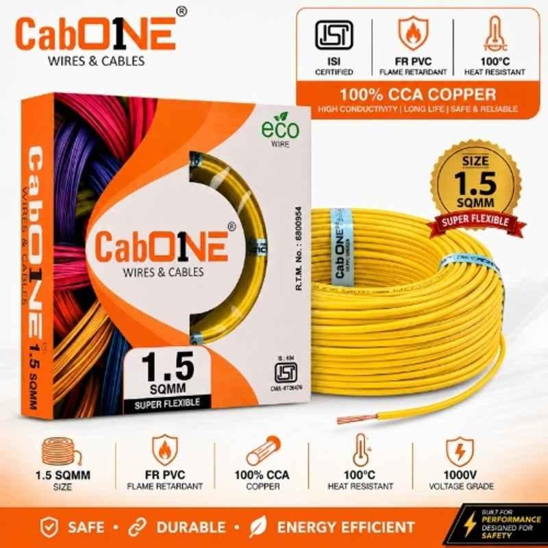CabONE Lite 1.5 Sqmm Yellow Single Core FR PVC Insulated CCA Copper Electrical Wire, Length: 45 m