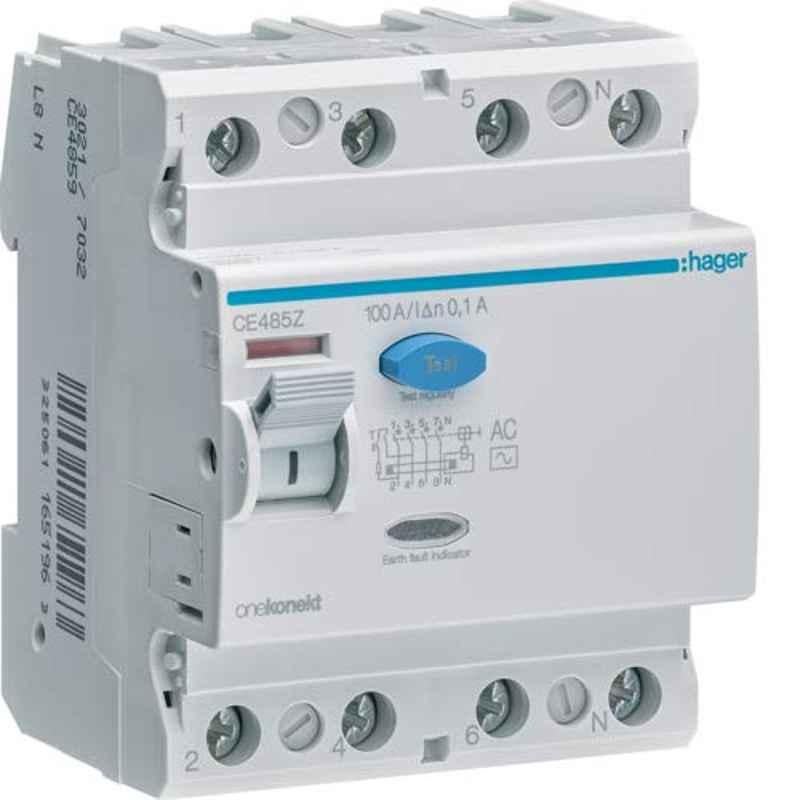 Hager 100A 100mA Four Pole Residual Current Circuit Breaker, CE485Z