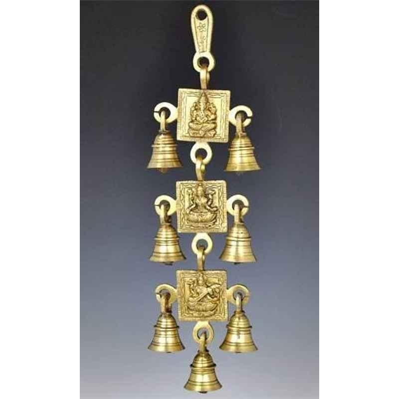 Smart Shophar 5 inch Brass Gold Ganesha Lakshmi Saraswati Bells Wall Hanging, SHD10WH-GALS-BL7GL-P1