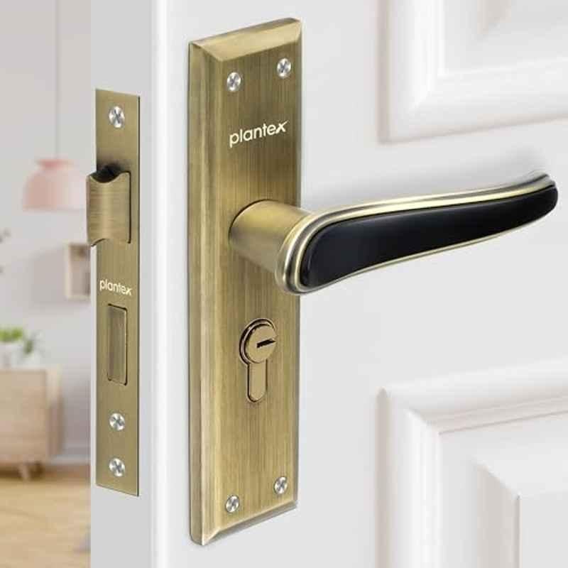 Plantex Heavy-Duty Door Lock Set Main Door Lock Plate Handle Set/6-Lever Mechanism Mortise Locks with 3 Keys/Brass Locks Body & Cylinder PTP-09- Antique Brass & Black