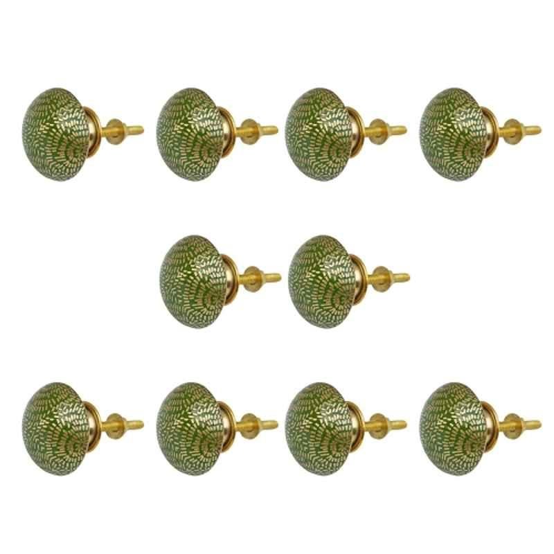 Mix & Match Emerra 35mm Brass Emerald Green Handcrafted Round Cabinet Knob for Wardrobe, Drawer & Cupboard (Pack of 10)