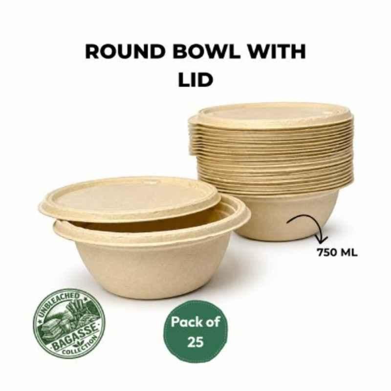 Eco Aaroyaa 750ml Bagasse Round Serving Bowl with Lid (Pack of 25)