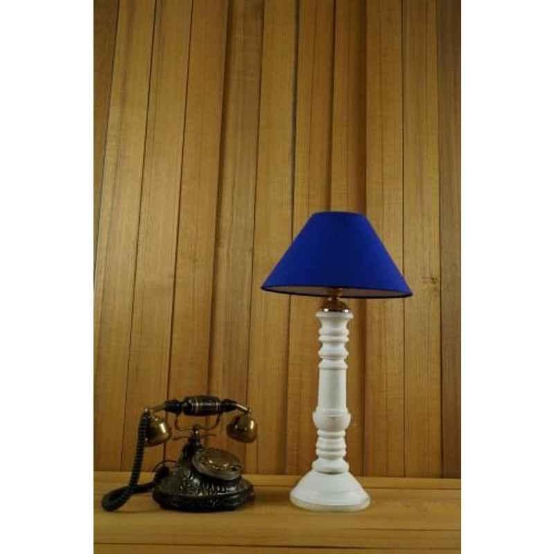 Tucasa Mango Wood White Table Lamp with 10 inch Polycotton Blue Pyramid Shade, WL-110