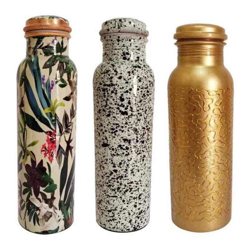 Healthchoice 1L Leaf, Doted & Golden Copper Jointless Water Bottle (Pack of 3)