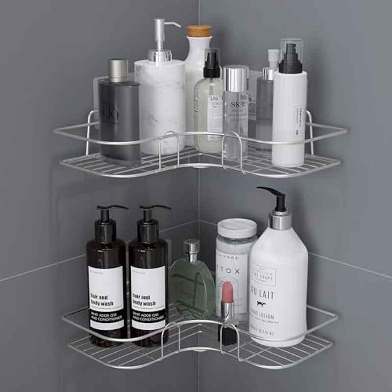 Plantex Stainless Steel Bathroom Corner Shelf for Wall/Bathroom Organiser without Drill/Self Adhesive Bathroom Shelf- Chrome
