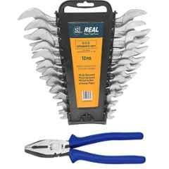 Real Stf 12 Pcs Heavy Duty Double Open End Spanner with Hanging Tray & Plier Set