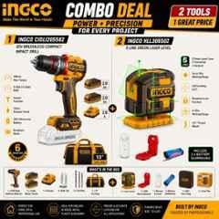 Ingco 13mm 20V 55Nm Cordless Impact Drill & 35m Self Levelling 5 Line Green Laser Combo