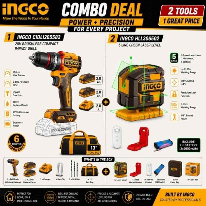 Ingco 13mm 20V 55Nm Cordless Impact Drill & 35m Self Levelling 5 Line Green Laser Combo