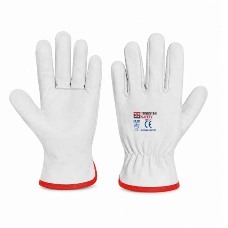 Tungsten Safety Soft Chrome Leather White & Red Safety Gloves with 1-2mm Thickness, Size: 9