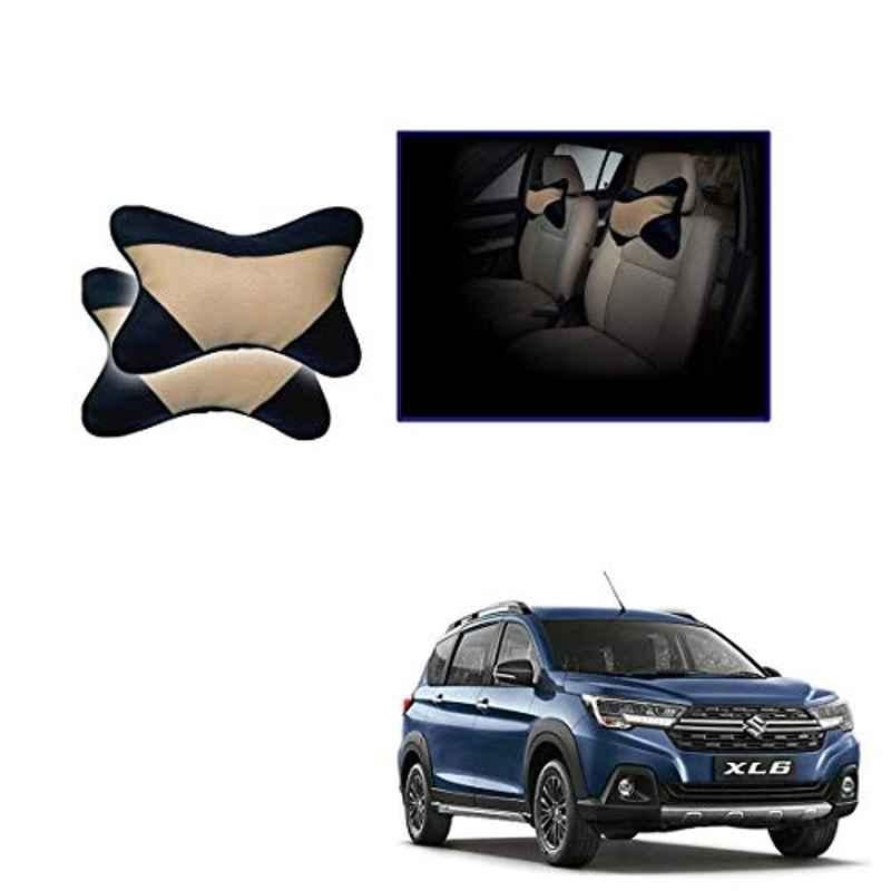 Kozdiko 2 Pcs Memory Foam Beige & Black Car Neck Rest Cushion Pillow Set for Maruti Suzuki XL6