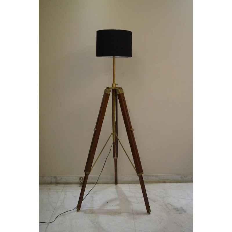Tucasa Mango Wood Brown Tripod Floor Lamp with Polycotton Black Shade, P-116