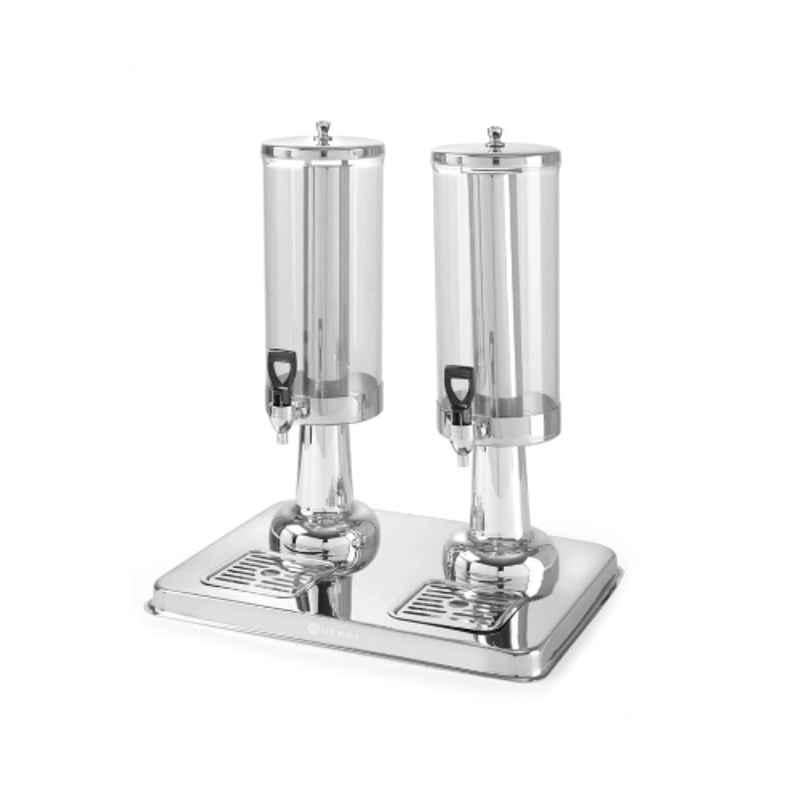 Khushi Udyog 6 Litre Stainless Steel & Glass Chrome Silver Double Beverage Juice Dispenser with Stand