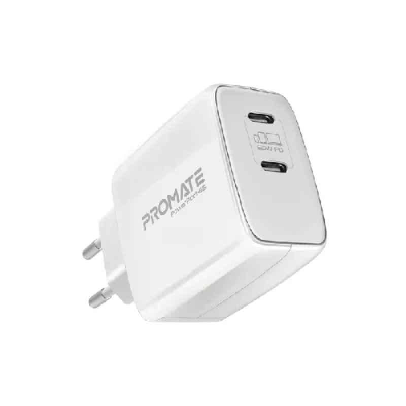 Promate PowerPort-65 65W White GaNFast Super Speed Charging Adapter with Dual USB Ports