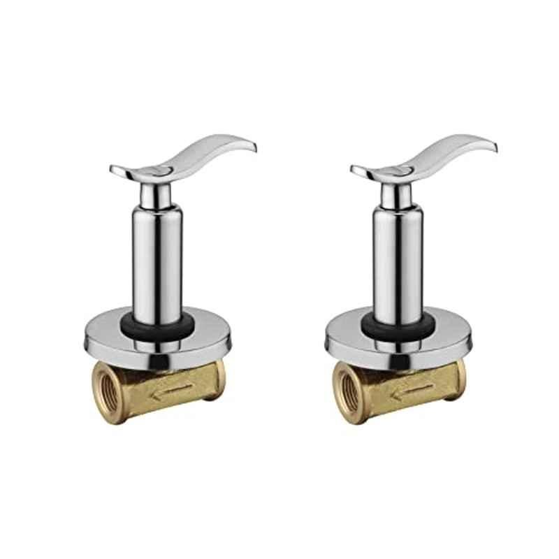 Spazio Palillo 1/2 inch Brass Silver Chrome Finish Concealed Stop Cock with Brass Quarter Turn Fitting & Concealed Flange (Pack of 2)