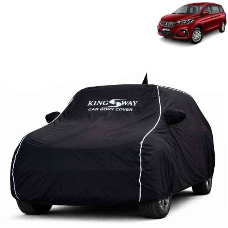 Kingsway Super Waterproof All Weather Protection Polypropylene Black Car Cover for Maruti Suzuki Ertiga 2022 to 2025 with Silver Piping, Mirror & Antenna Pockets