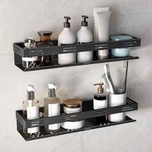 Plantex 16x4 inch Stainless Steel Black No Drill Bathroom Shelves/Self Adhesive Shelf for Bathroom (Pack of 2 )