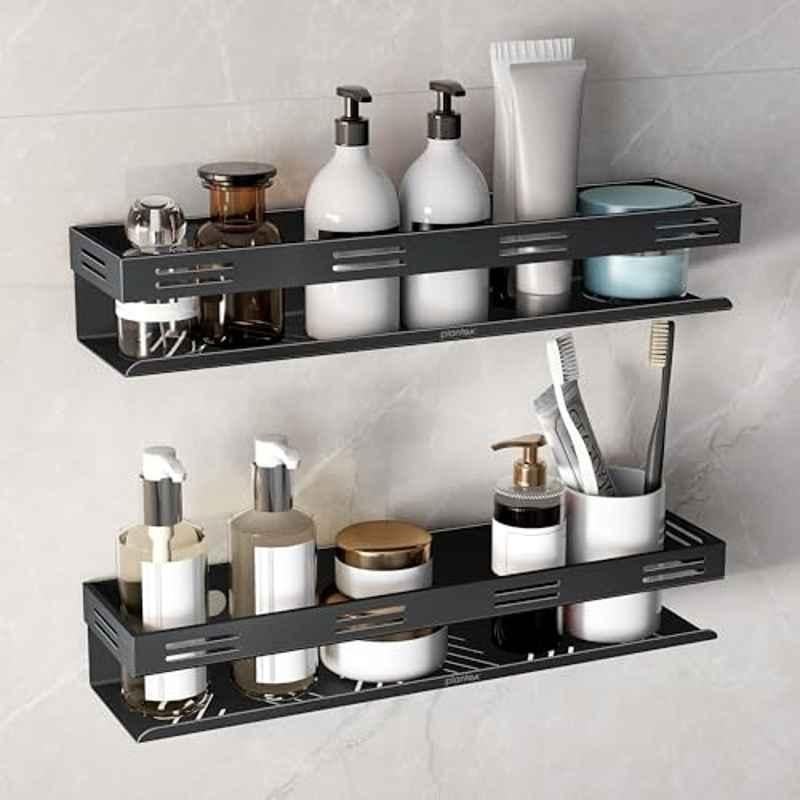 Plantex 16x4 inch Stainless Steel Black No Drill Bathroom Shelves/Self Adhesive Shelf for Bathroom (Pack of 2 )