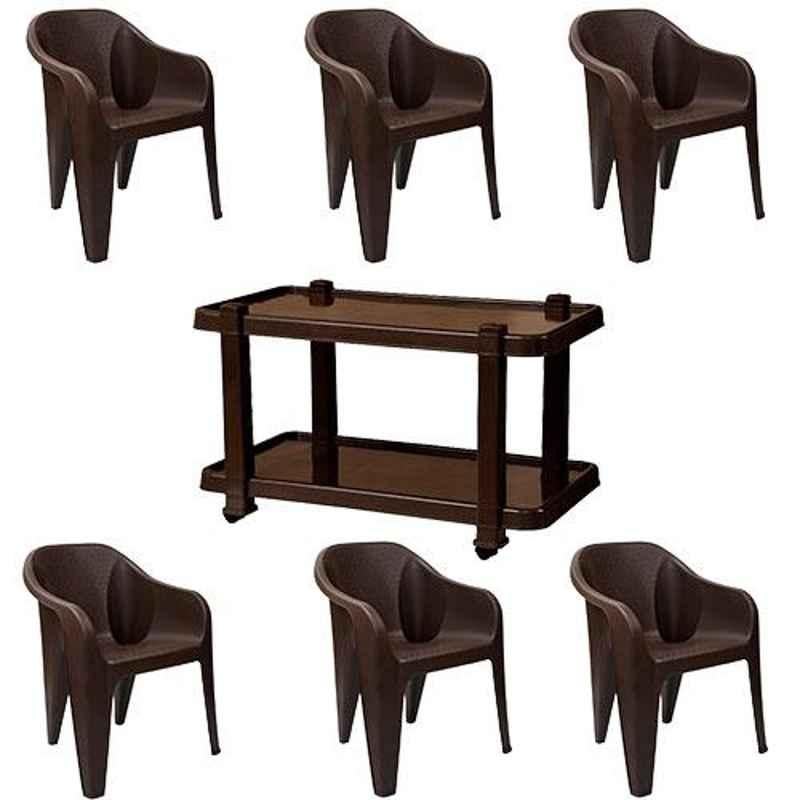 Italica 6 Pcs Polypropylene Tan Brown Luxury Arm Chair & Nut Brown Table with Wheels Set, 2019-6/9509