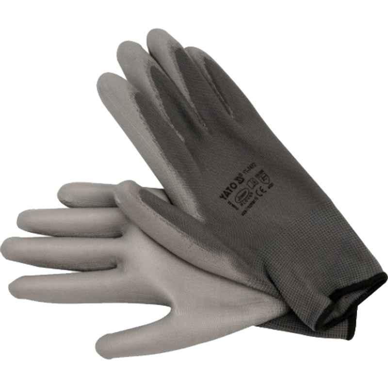 Yato 10 inch Nylon PU Coated Grey Working Safety Gloves, YT-7472