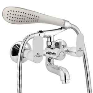 Cliquin Opal Flora Brass Chrome Wall Mounted Wall Mixer with Telephonic Crutch Hand Shower & 1m Stainless Steel Shower Tube