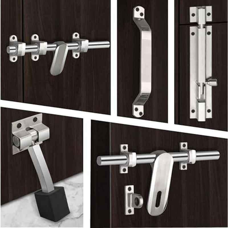 Plantex Stainless Steel Door Kit for Single Door/Door Hardware/Door Accessories 10 inch Al-Drop, 8 inch Latch, 8 inch 2 Handles, 7 inch Tower Bolt and 4 inch Door Stopper DK-04-Combi