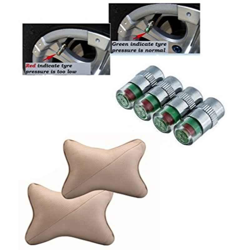 Kozdiko 4 Pcs Air Alert Tire Valve Caps & Beige Car Cushion Neck Rest Combo