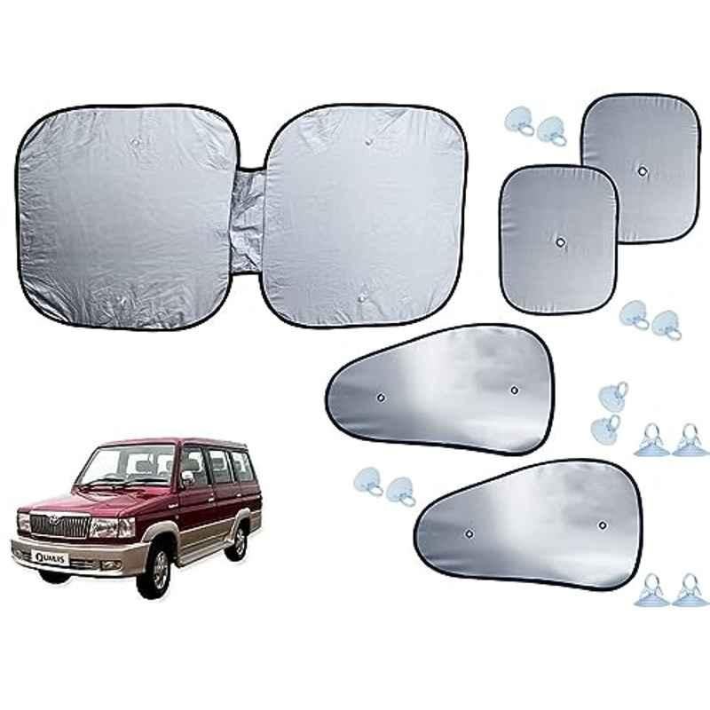 Auto Pearl 5 Pcs Polyester Black & Silver Window & Front Sun Shade Set for Toyota Qualis